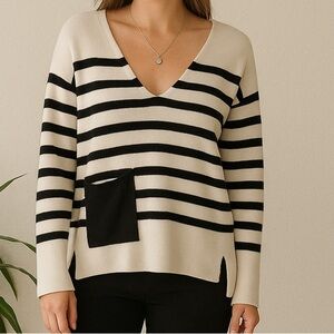 Zara Striped Knit Faux Leather Pocket Pullover Sweater M Black & White
